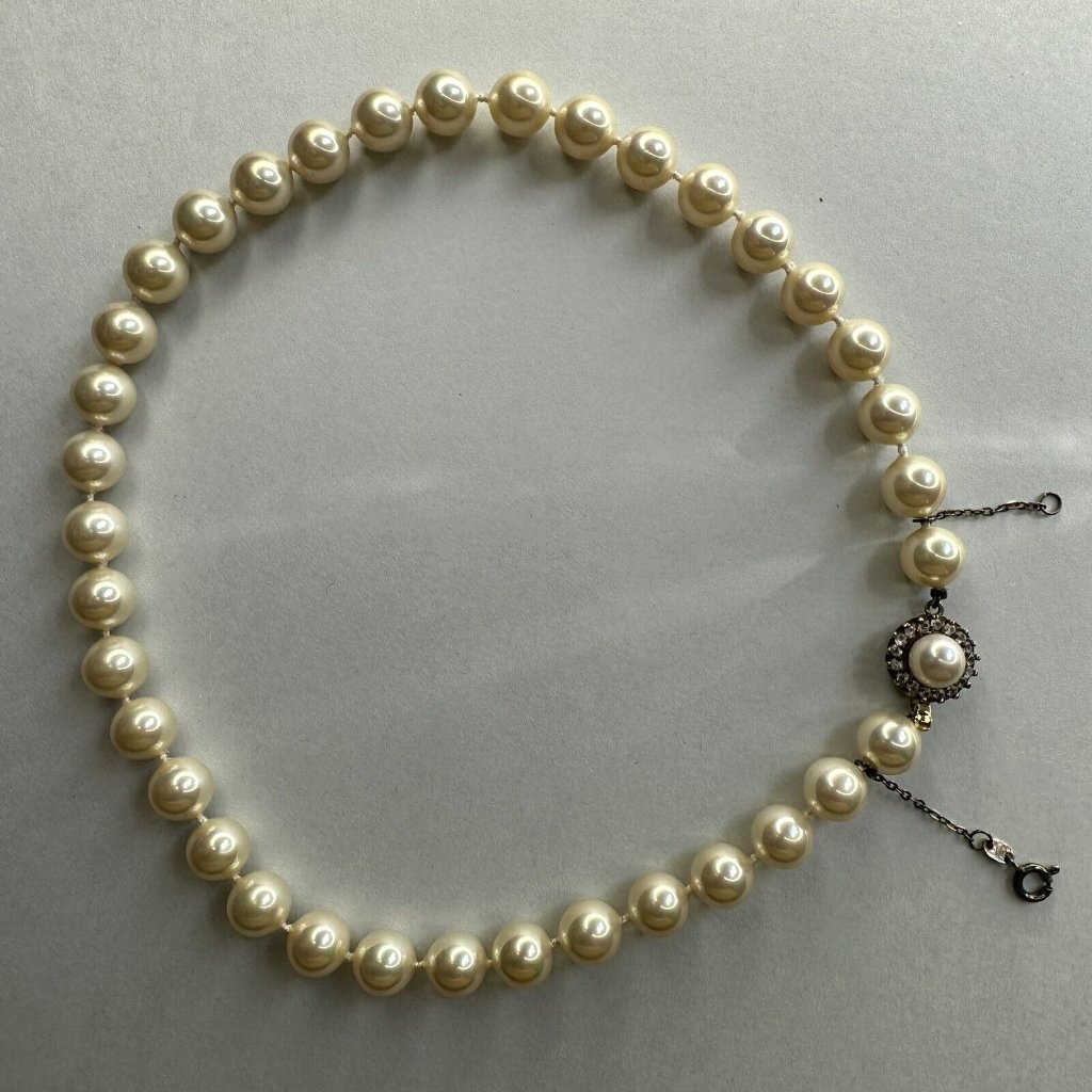 Vintage Pearl Necklace 925 Sterling Clap Rhinestones